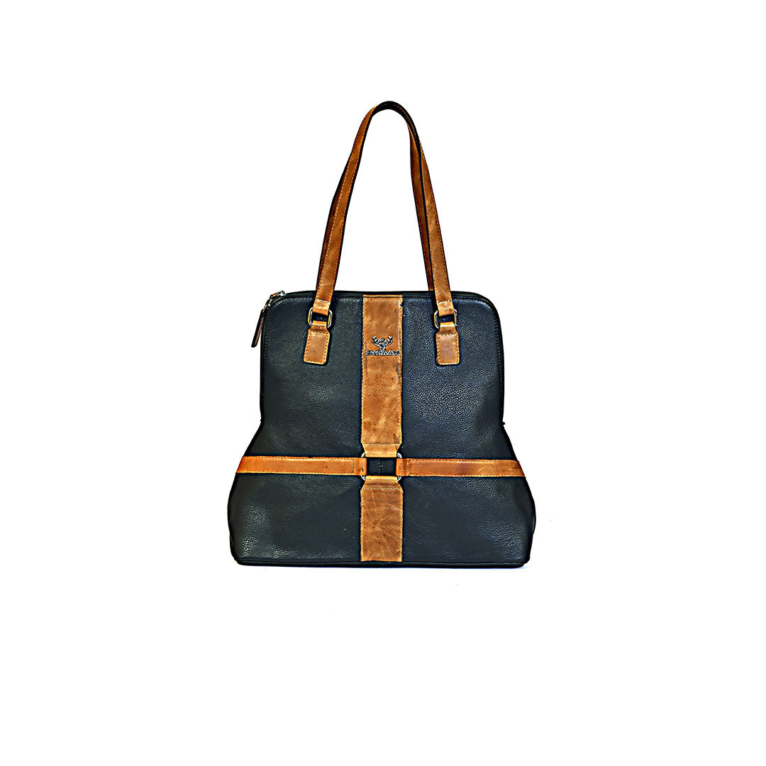 Syraah Classic Cross Tote - Black & Tan Premium Leather Bag